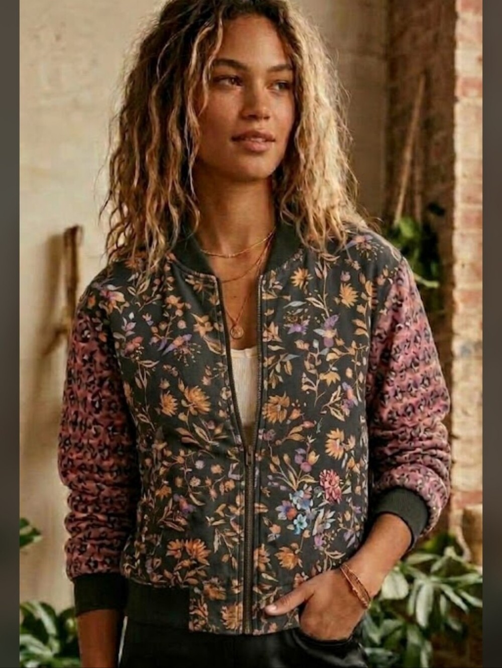 FREE PEOPLE Day Tripper Bohemian Mixed Print Bomber Muted Black Mauve L RARE